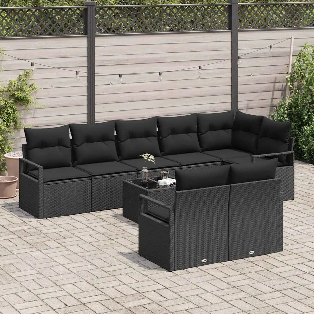 Set Divano da Giardino con cuscino 9 pcs Nero polyrattan