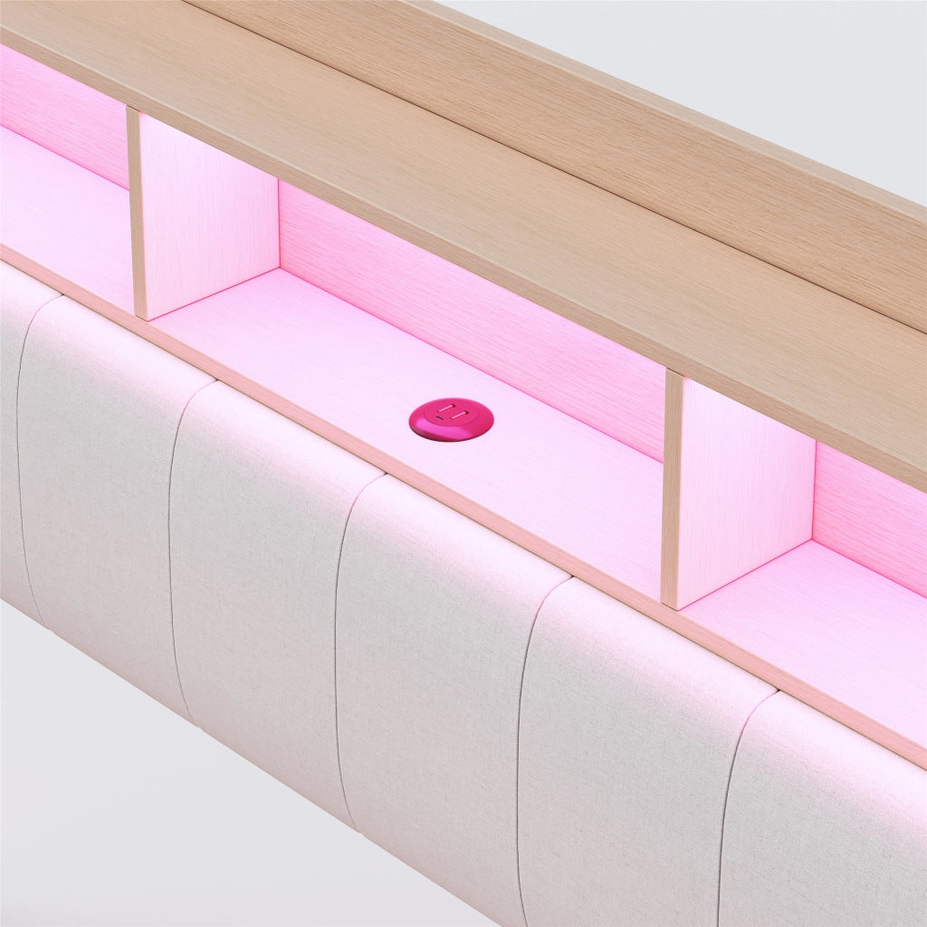 Letto Contenitore Imbottito con LED ¨C MINIMAL ¨C Tessuto Beige 140x200