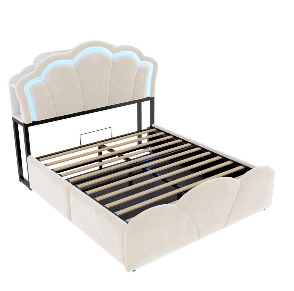 Letto imbottito 140x200 cm con vano contenitore, LED e prese integrate