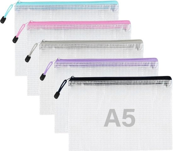 Set di 5 borse documentarie A5, borse trasportabili con chiusura a righello, cartellone documentario con chiusura a righello, borsa documentaria A5 in plastica, per documenti, carta, cosmetici, compiti
