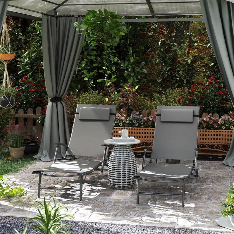 SET 2 SDRAIO DA GIARDINO PIEGHEVOLI CON SCHIENALE REGOLABILE SU 4 LIVELLI E CUSCINO GRIGIO