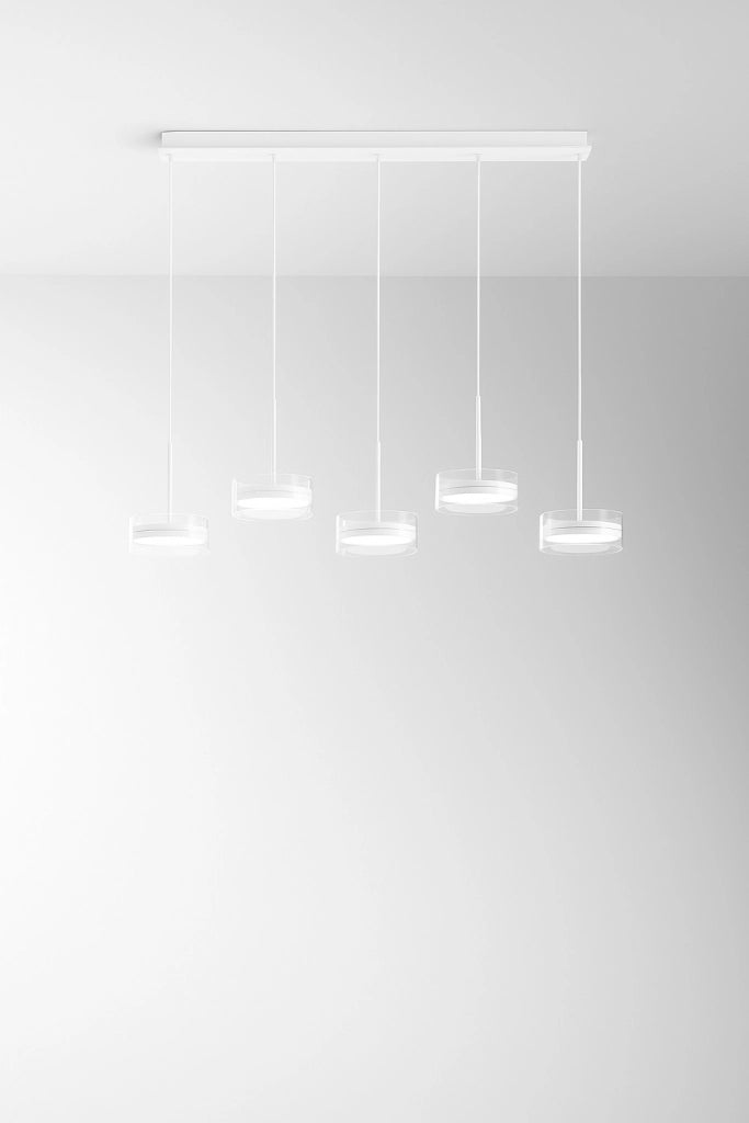 Lampada a Sospensione in Metallo e Vetro Borosilicato, 5 Luci LED 70W 3000K, Finitura Bianco Opaco, Dimmerabile, H. 250 cm - Perenz