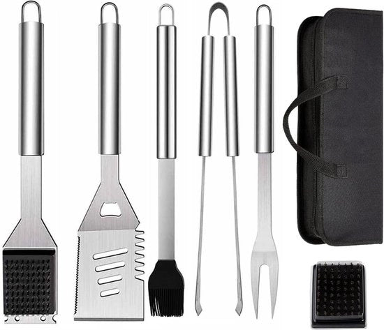 Set di Utensili per Griglia BBQ in Acciaio Inossidabile con Borsa da Portare per Campeggio Esterno - 6PCS Spatola Pliers Forchetta per BBQ accessori