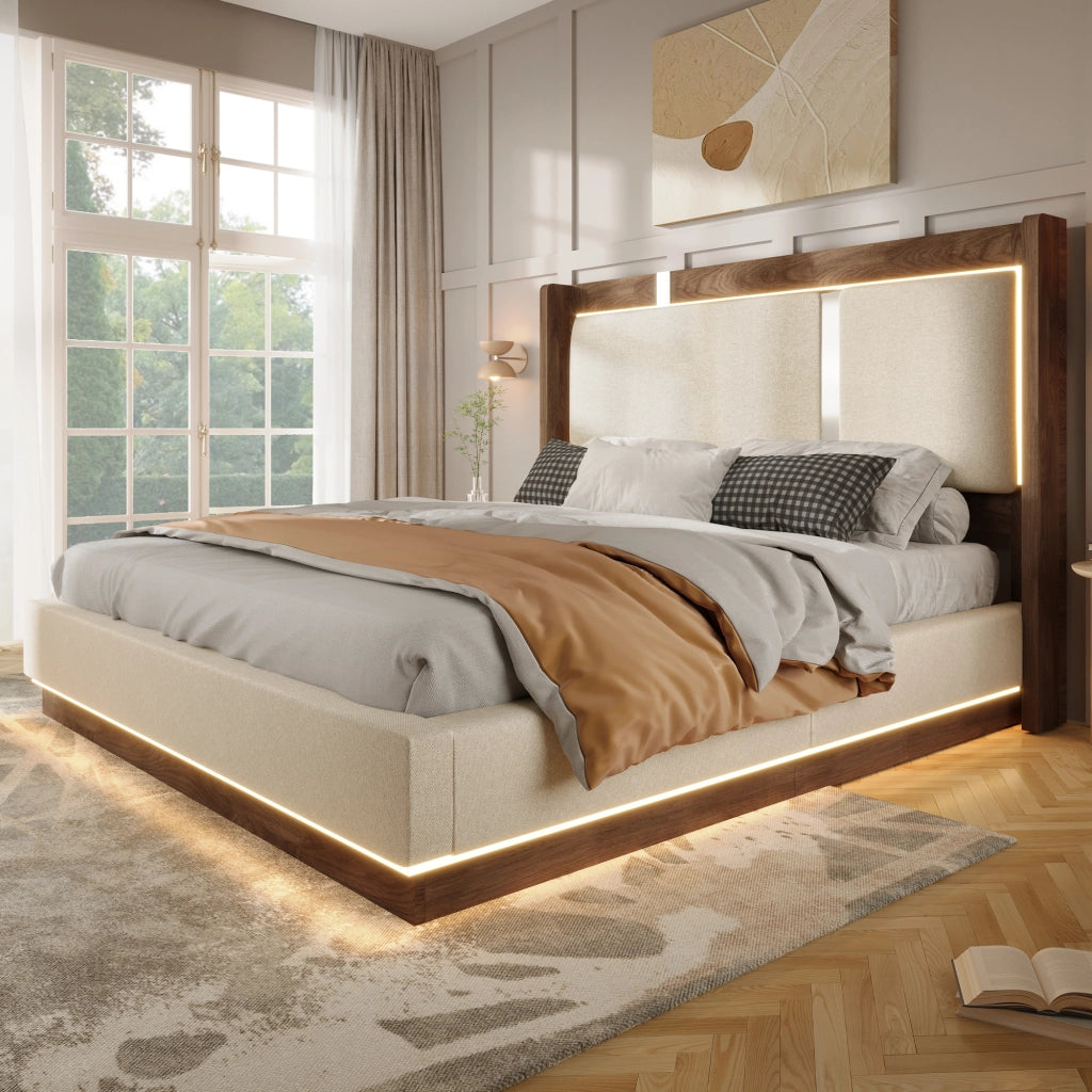 DESMIU Letto Contenitore 140 × 200 cm 2 Posti con LED, Contenitore Idraulico e senza Materasso, in Lino, Beige