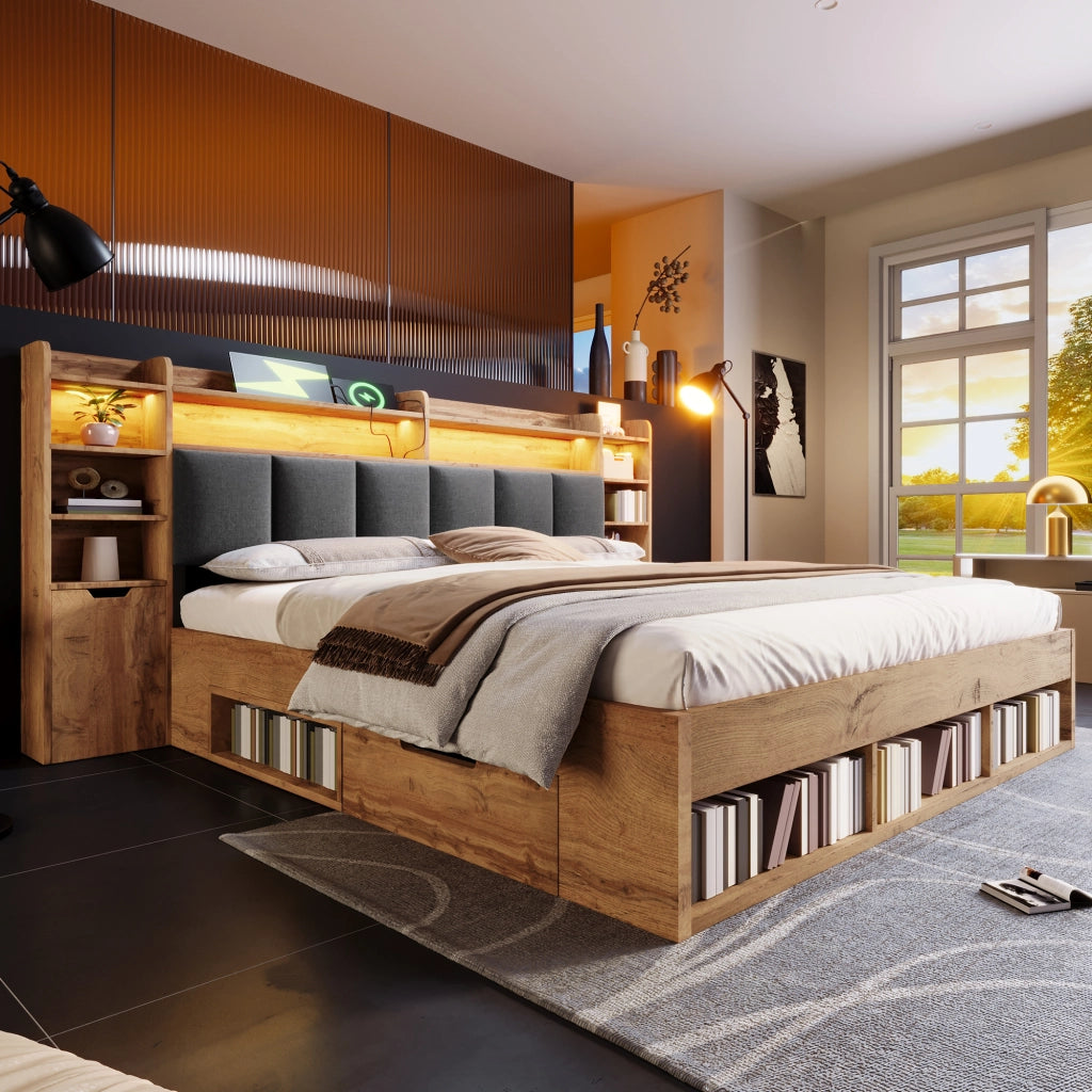 DESMIU Litto Combinato 160 × 200 cm 2 posti con LED, USB, Type-C, vano contenitore e cassetti, senza materasso, in legno, rovere