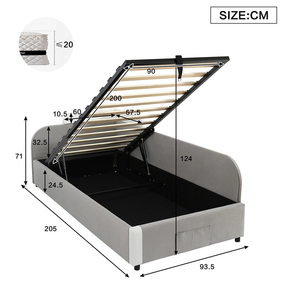 Letto Singolo Idraulico con Contenitore 90x200cm - Xylo - Velluto Grigio con Sponde Morbide
