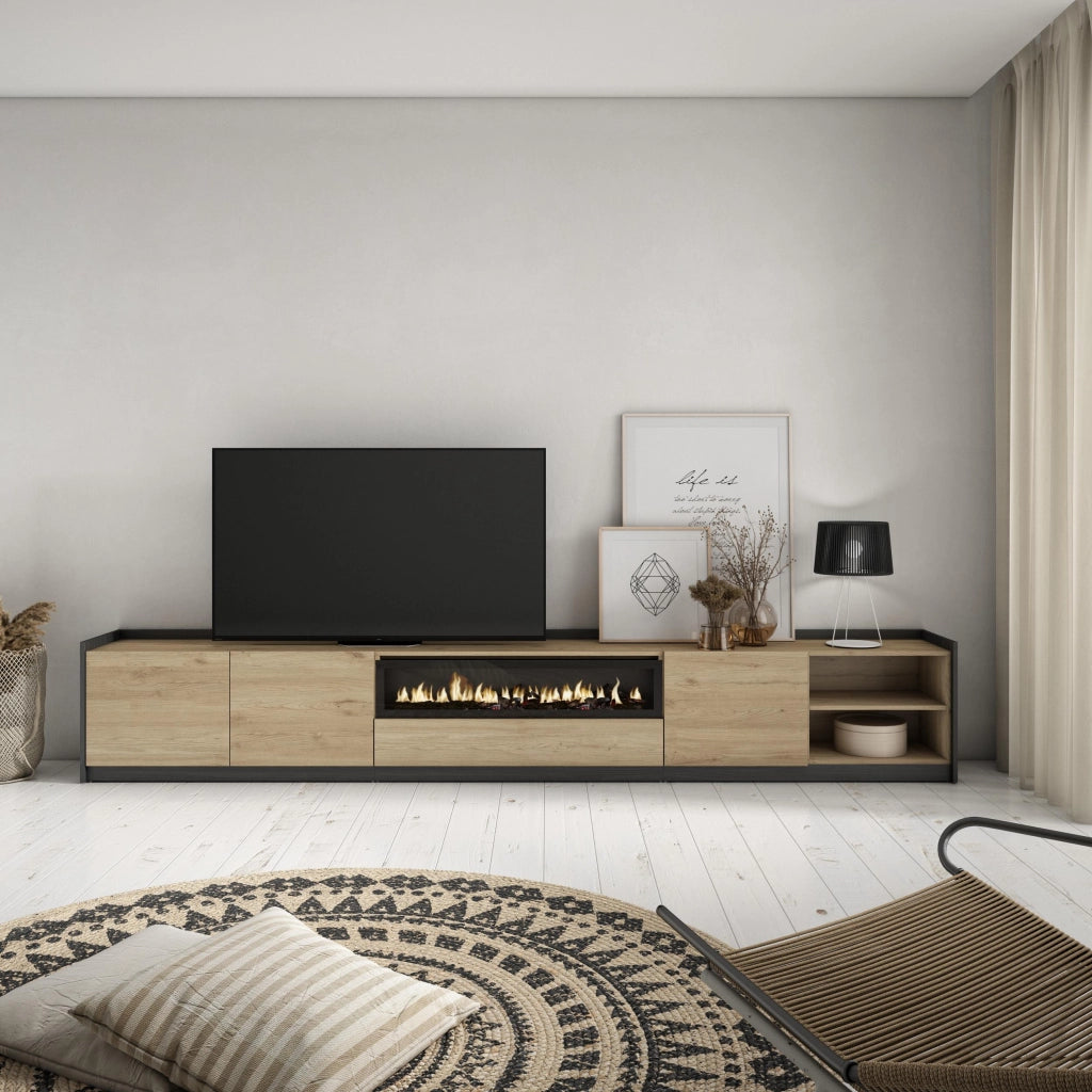 Mobile TV Soggiorno, 310x50x37 cm, Per TV fino a 80", Camino elettrico, Rovere e nero