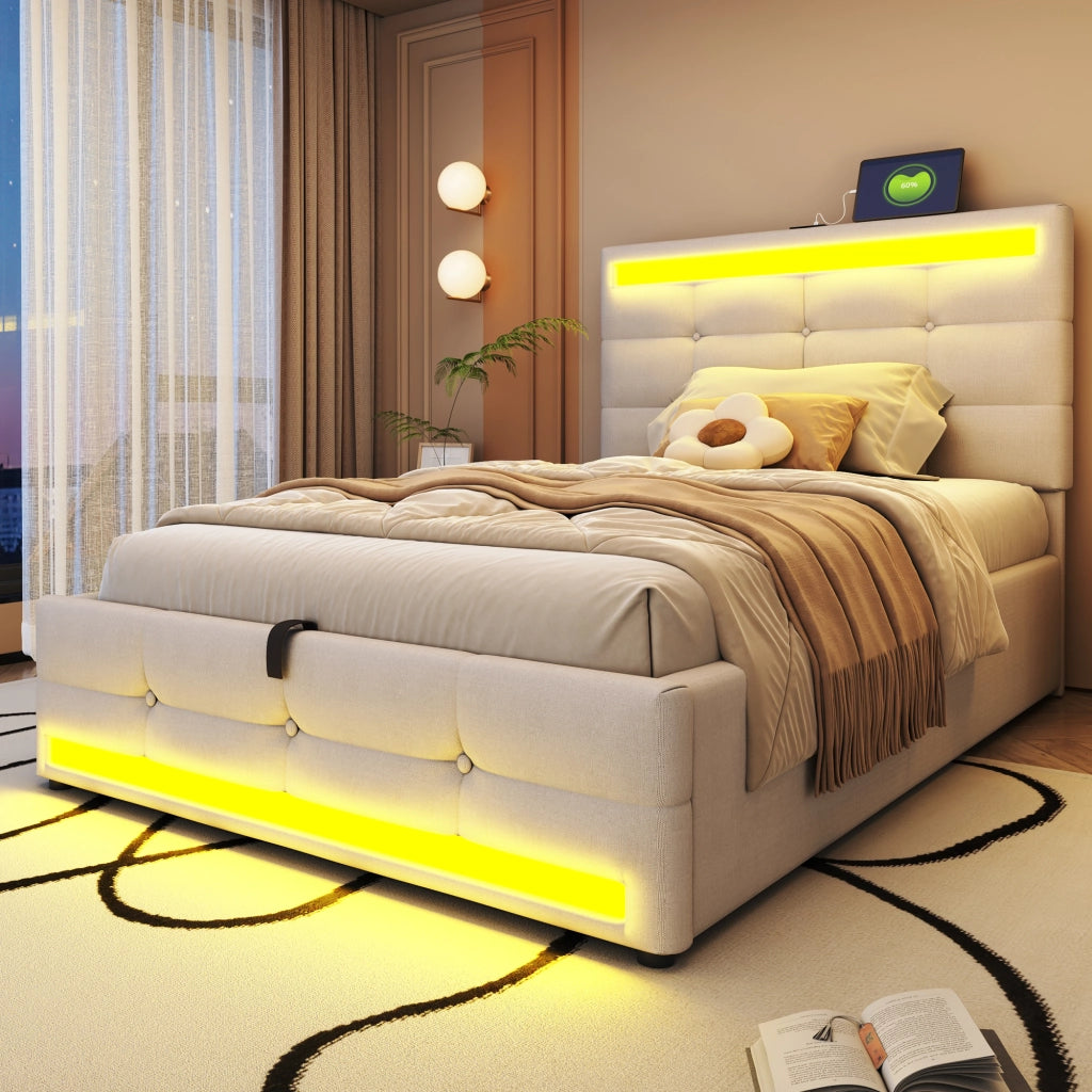 LETTO Imbottito LED 90x200 cm Beige con 2 porte USB