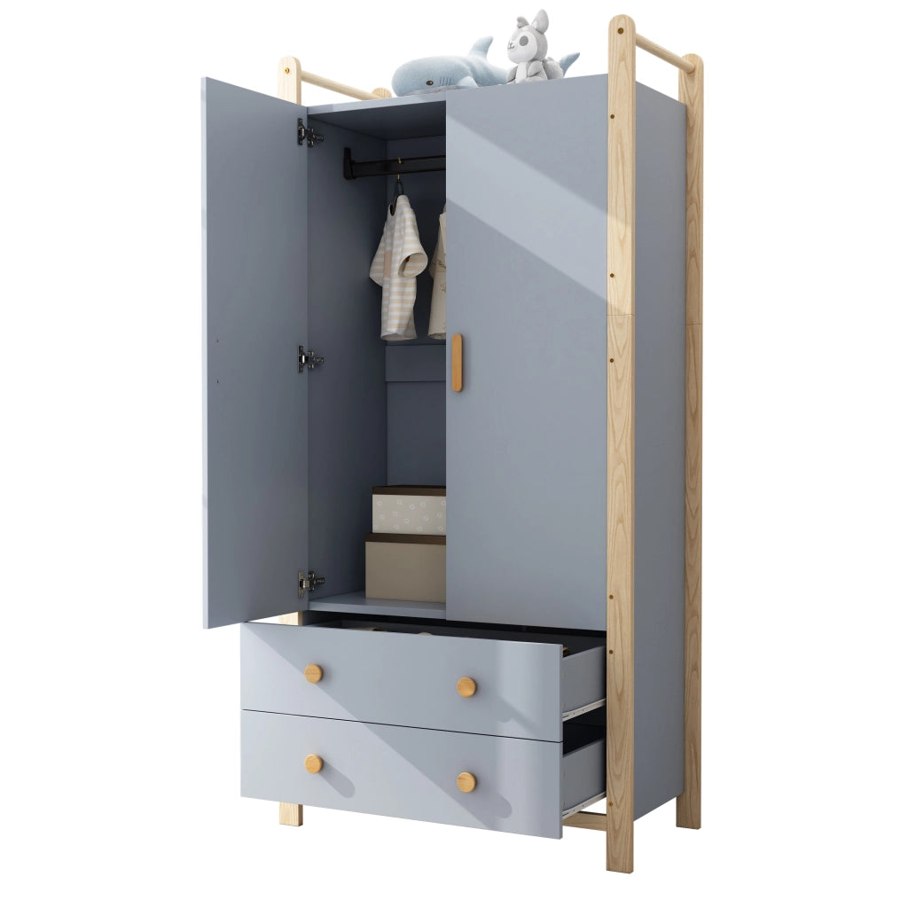 Armadio con 2 ante, 2 cassetti e appendiabiti, con libreria a 3 ripiani, in legno e MDF, per camera e ingresso