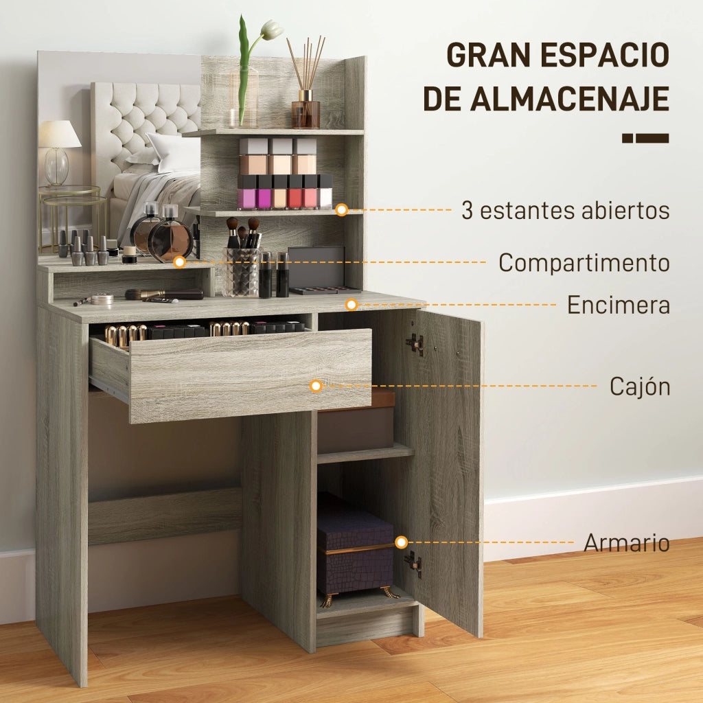 Toeletta con Sgabello Specchio Cassetto Ripiani Aperti Regolabile Anti-ribaltamento ¨C Xylo ¨C Beige Naturale