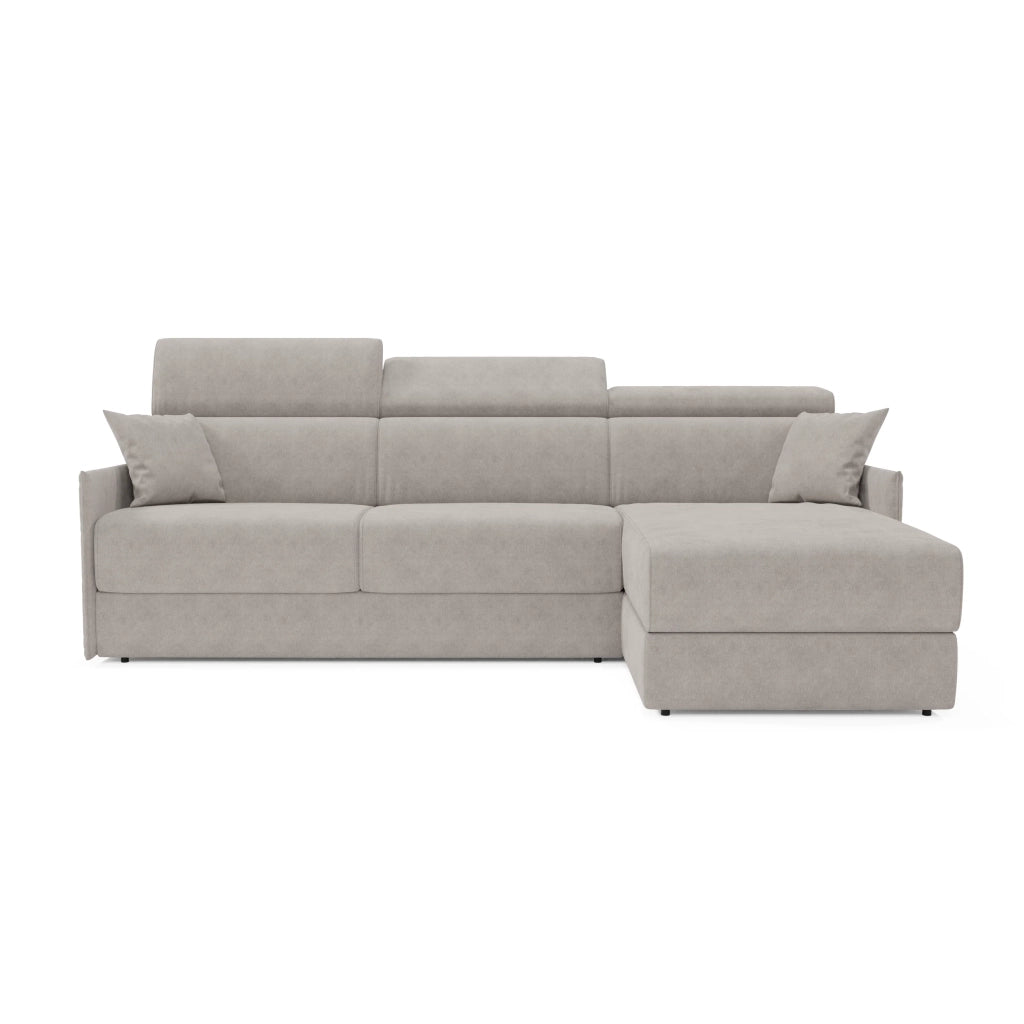 Miryam divano letto angolare compatto - poggiatesta reclinabili e penisola contenitore in tessuto smacchiabile T31 252 cm sinistro grigio perla