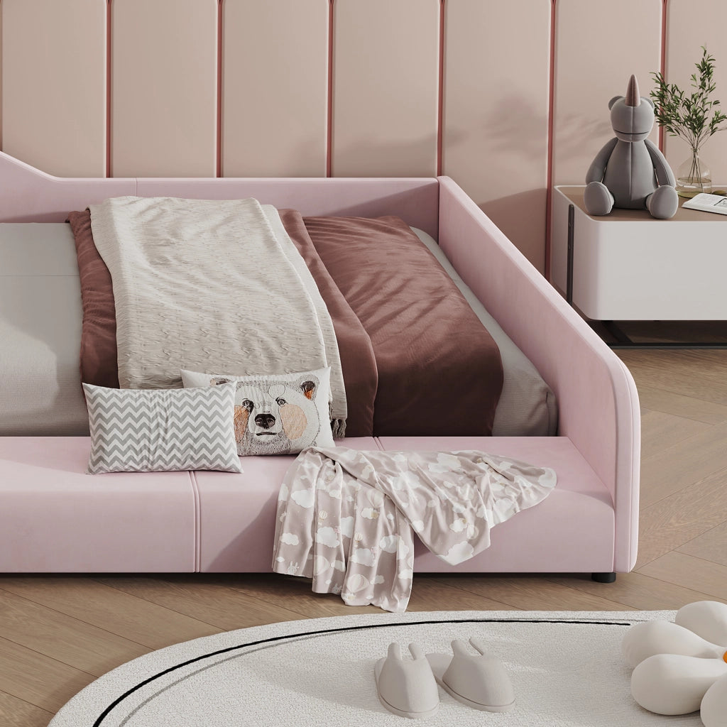 LETTO imbottito 140x200 cm Velluto Rosa con scrivania, sgabello e ripiano
