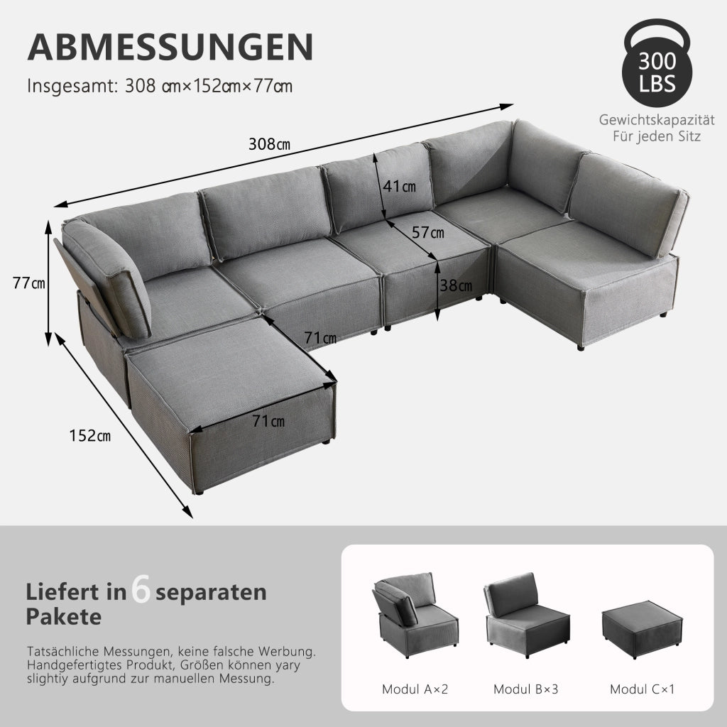 Divano Modulare 5 Posti con Legno ¨C MINIMAL ¨C Tessuto Grigio Chiaro
