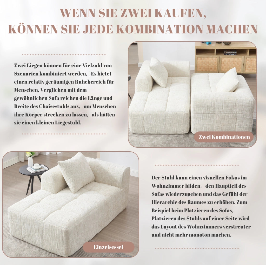 Chaise longue moderno in chenille beige 158x90x60 cm con tasche laterali e cuscino