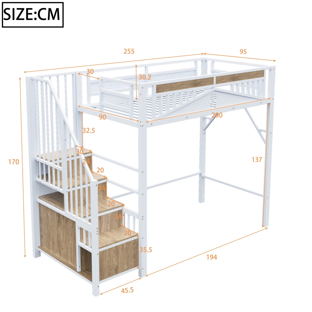 Letto a soppalco in metallo con scala contenitore; protezione a finestra e spazio sotto il letto; bianco; 90x200 cm; senza materasso