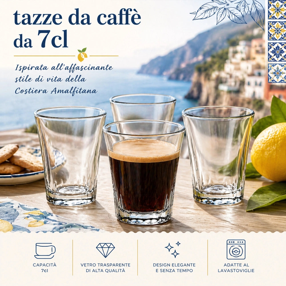 Set 4 Bicchierini Amalfi per Caffè Liquore 7cl Resistente Lavabile Lavastoviglie