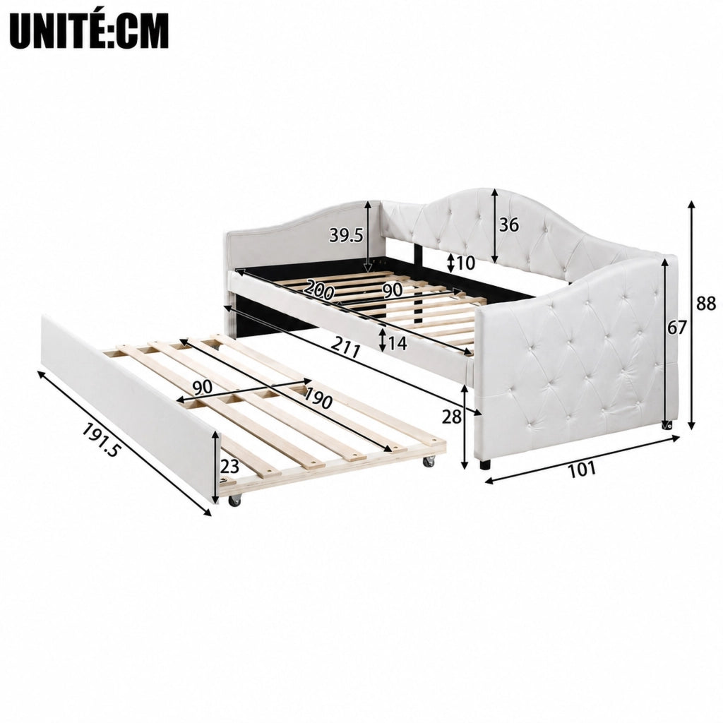 DESMIU Letto singolo 90 × 200 cm 1 posto con letto estraibile, senza materasso, in lino e MDF, stile minimalista, beige