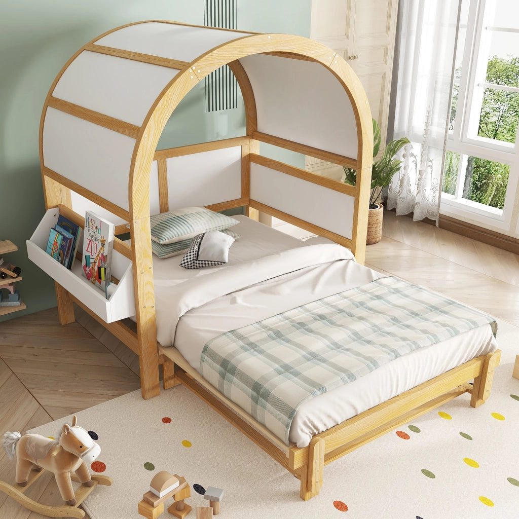 Letto a baldacchino estraibile legno massello e MDF bianco naturale 140x200 cm
