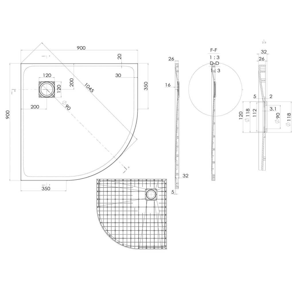 Piatto Doccia 90x90x2 6 CM Semicircolare Antracite Effetto Pietra mod. Blend