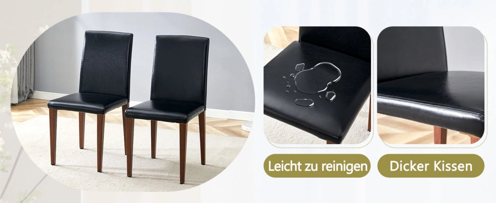 [Set di 2 sedie da pranzo minimaliste] Lusso leggero in stile europeo con finitura noce scuro: pelle PU nera + gambe in metallo effetto noce scuro. Si