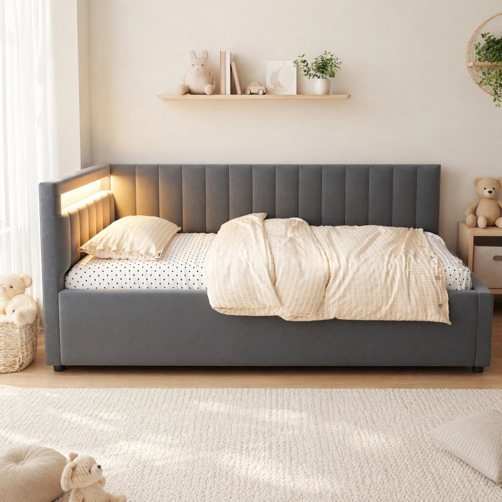 LETTO Divano imbottito 90x200 cm in velluto grigio con LED e contenitore