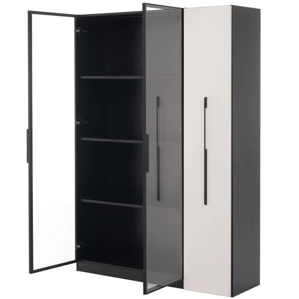 Armadio vetrina 110.5x35x160 cm con LED e ripiano laterale estraibile in MDF e vetro bianco e nero