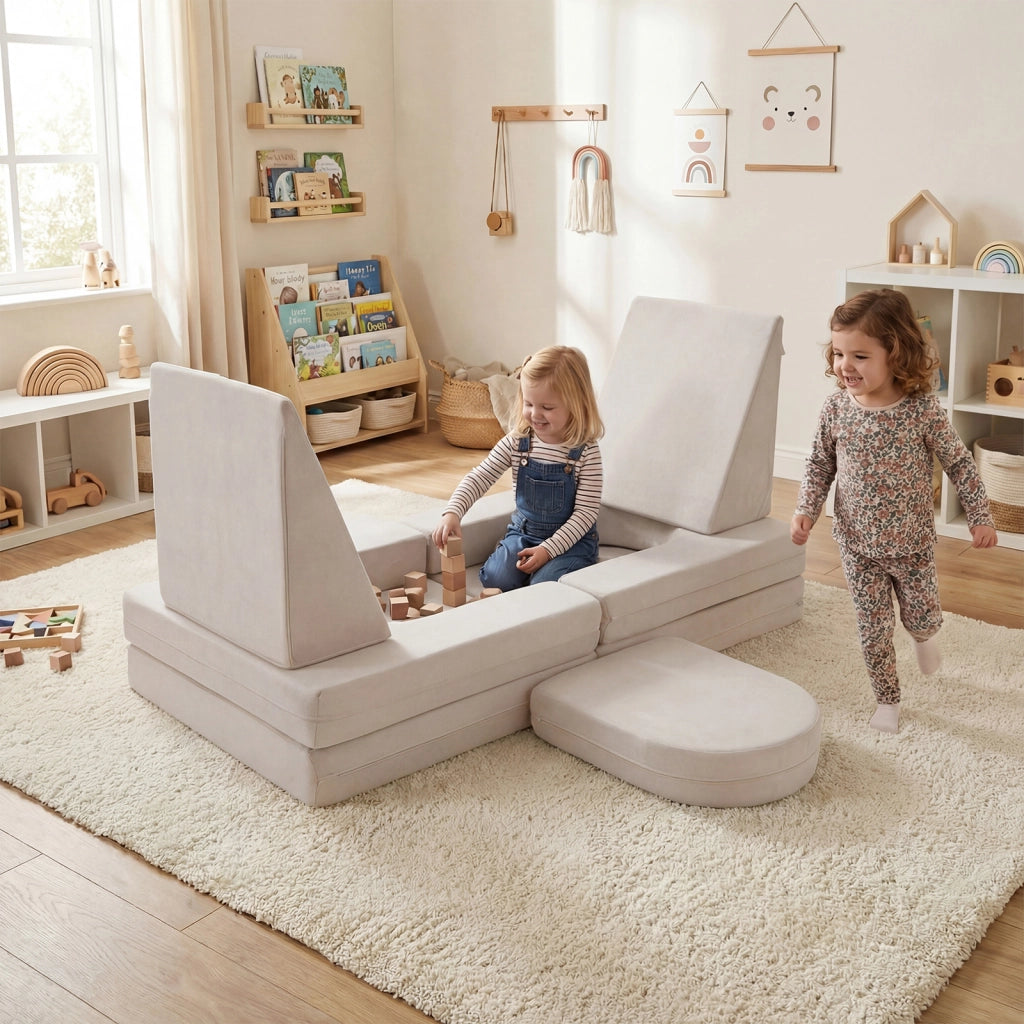 Divano da gioco per bambini trasformabile tessuto suede e schiuma ad alta elasticit¨¤, Poltrona modulare a 10 pezzi Beige