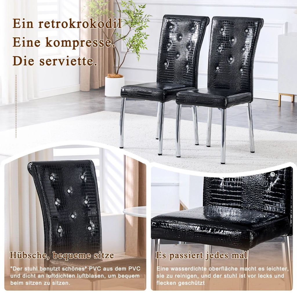 Sedie da pranzo, 2 pezzi in finta pelle effetto alligatore con bottoni in cristallo e gambe in metallo galvanizzato nero, 76 × 49,5 × 46 cm