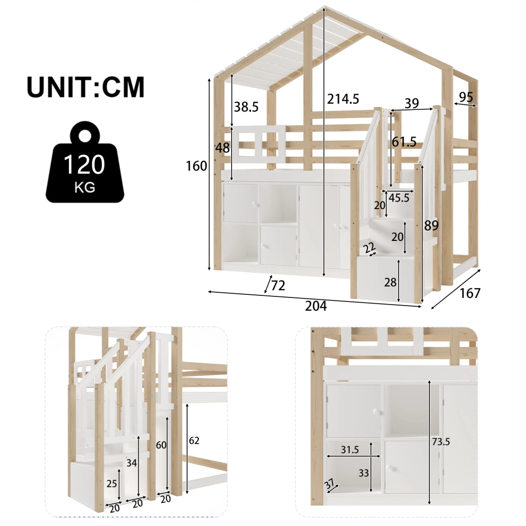 DESMIU Letto a soppalco Letto singolo 1 posto con barriera, contenitori, scala contenitore e finestra 90 × 200 cm, senza materasso
