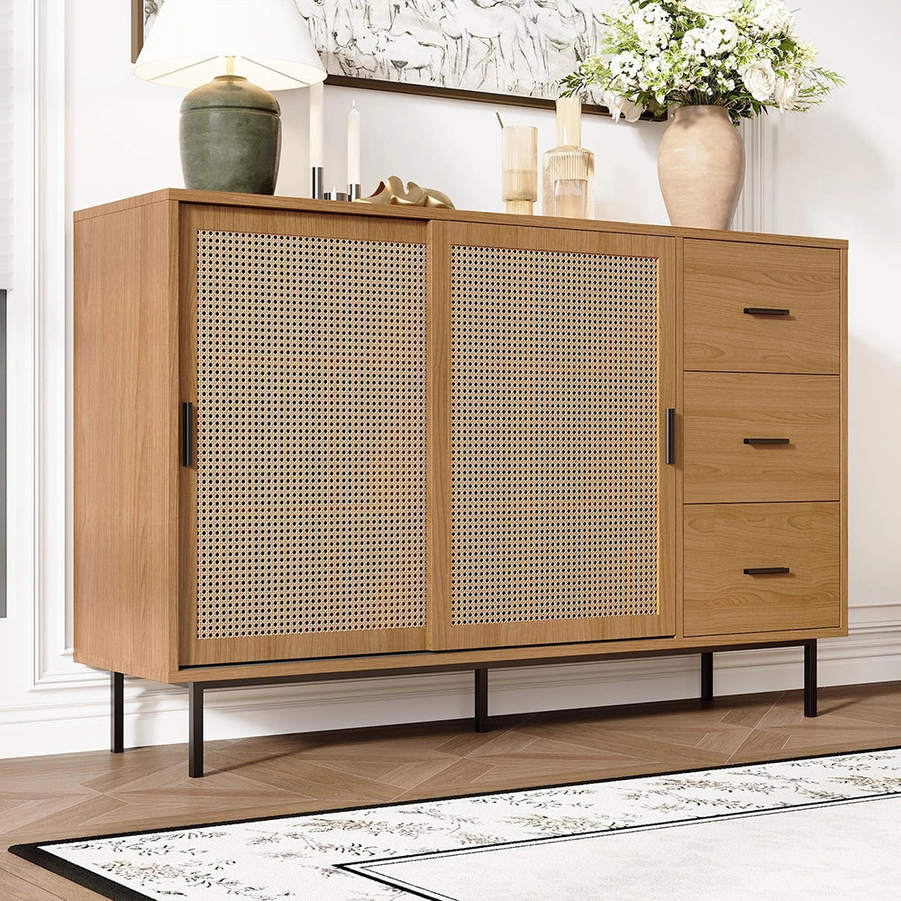 Credenza rustica 2 ante scorrevoli - Xylo - 3 cassetti, ripiani regolabili, per soggiorno, 140x91x37 cm