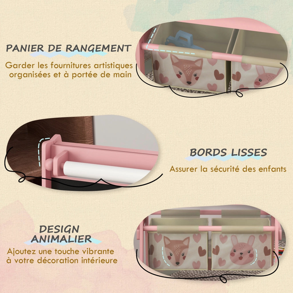 Lavagna cavalletto bambini doppia faccia con rotolo carta e 2 cestini ¨C Xylo ¨C Rosa 54x46,5x93cm