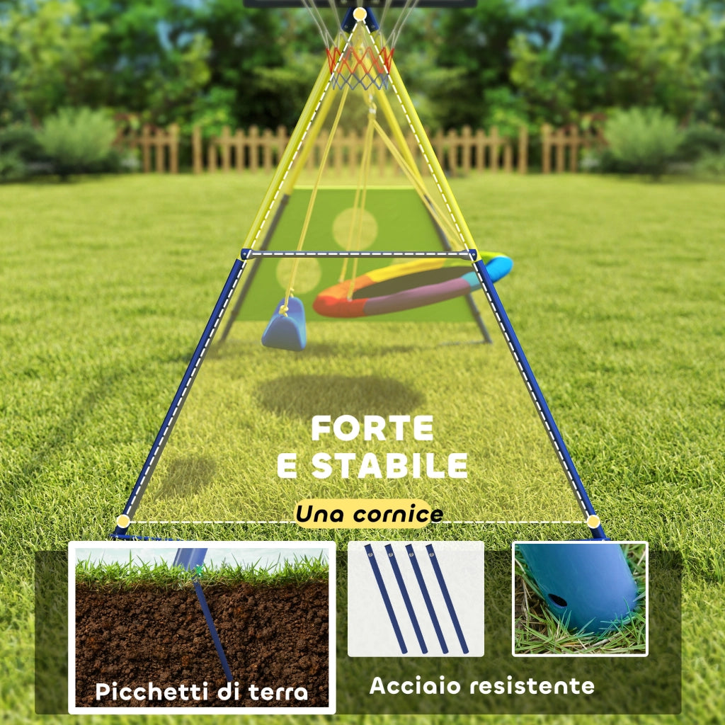 Set Altalena da Giardino 4 in 1 per Bambini 3-8 Anni con 2 Altalene Canestro e Porta da Calcio Multicolore