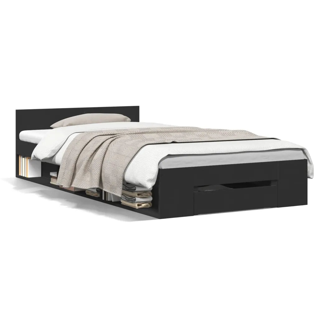 Letto singolo | Letto per adulti | Giroletto con Cassetto Nero 75x190 cm in Legno Multistrato