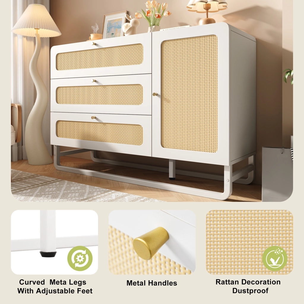 Credenza con 3 cassetti e anta con ripiani regolabili in MDF e metallo bianca per soggiorno 120 × 40 × 85 cm