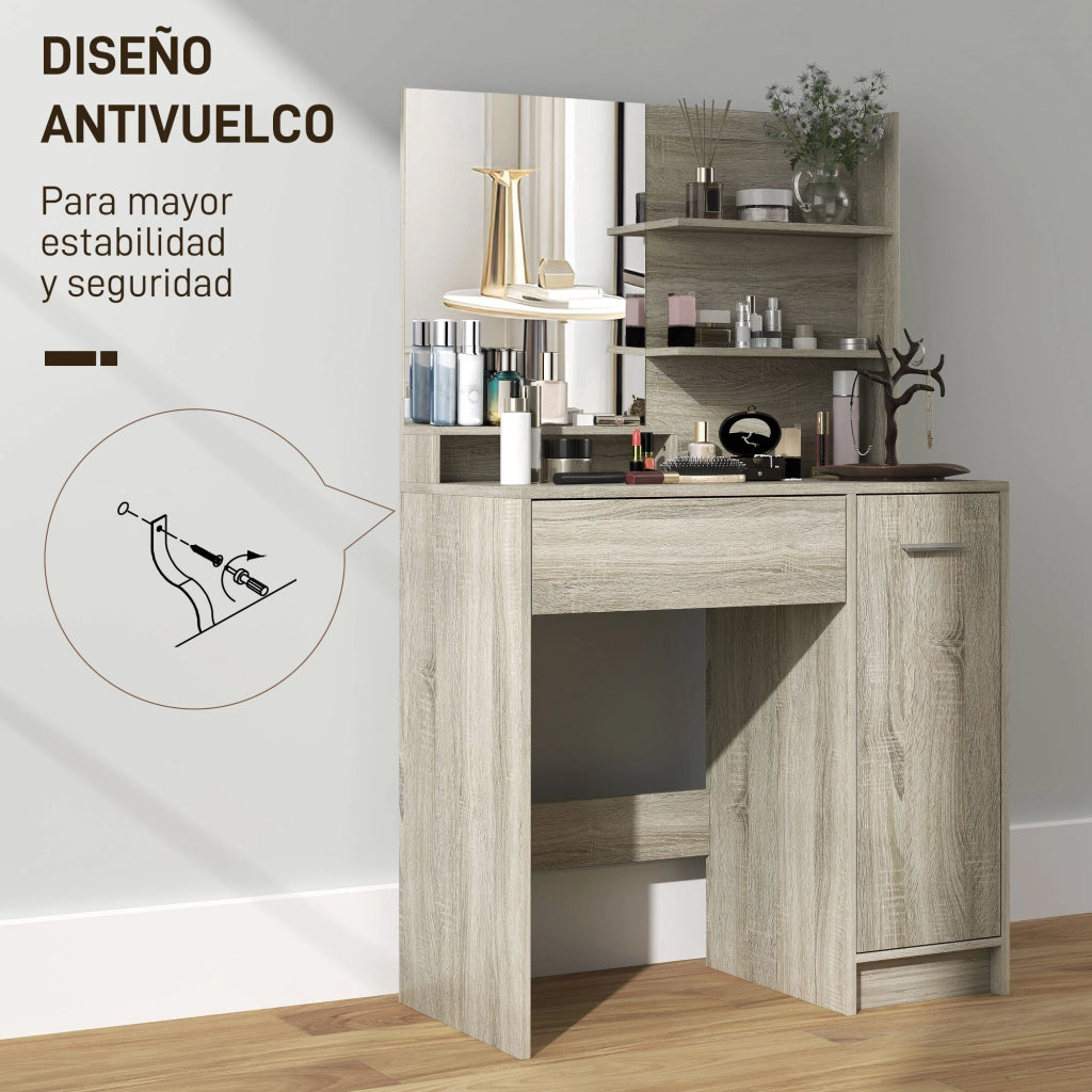 Toeletta con Sgabello Specchio Cassetto Ripiani Aperti Regolabile Anti-ribaltamento ¨C Xylo ¨C Beige Naturale