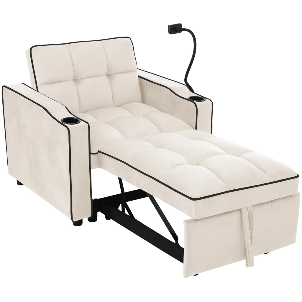 Divano letto singolo 3 in 1 estensibile con portabicchieri, porta cellulare e tasca laterale, beige, 83x167x76 cm