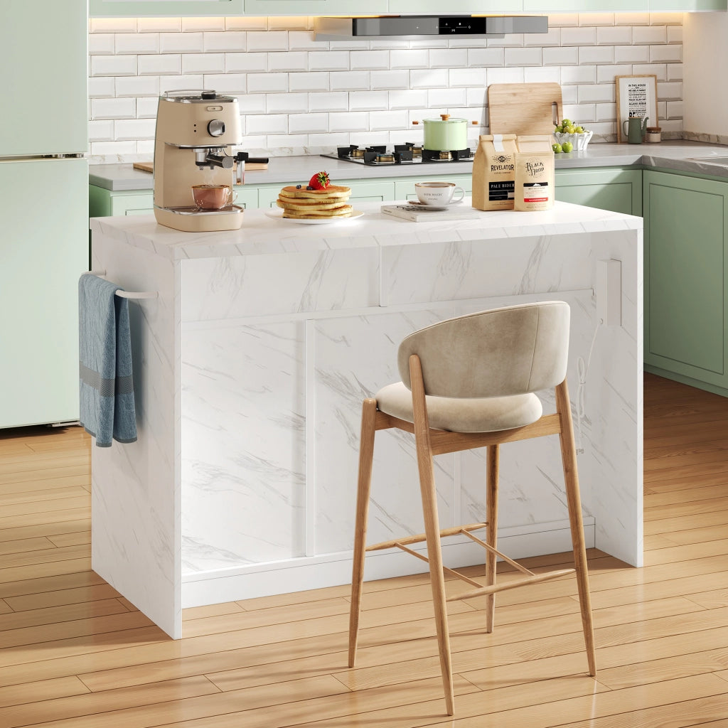 Isola da cucina 120x60x91 cm con piano bar, prese USB, cassetti e ante, bianco