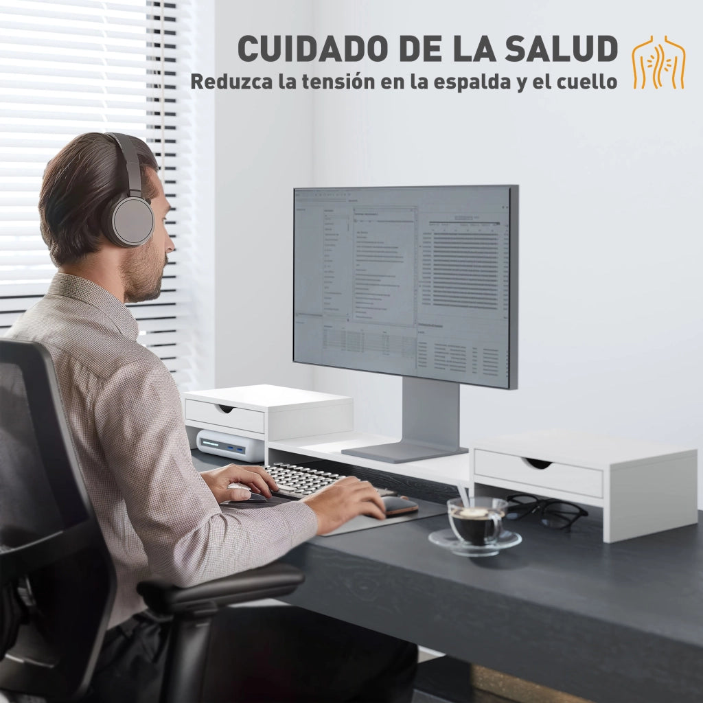 Supporto Monitor Regolabile con 2 Cassetti per PC Portatile ¨C Zephmum ¨C Bianco 60-116x22x12 cm