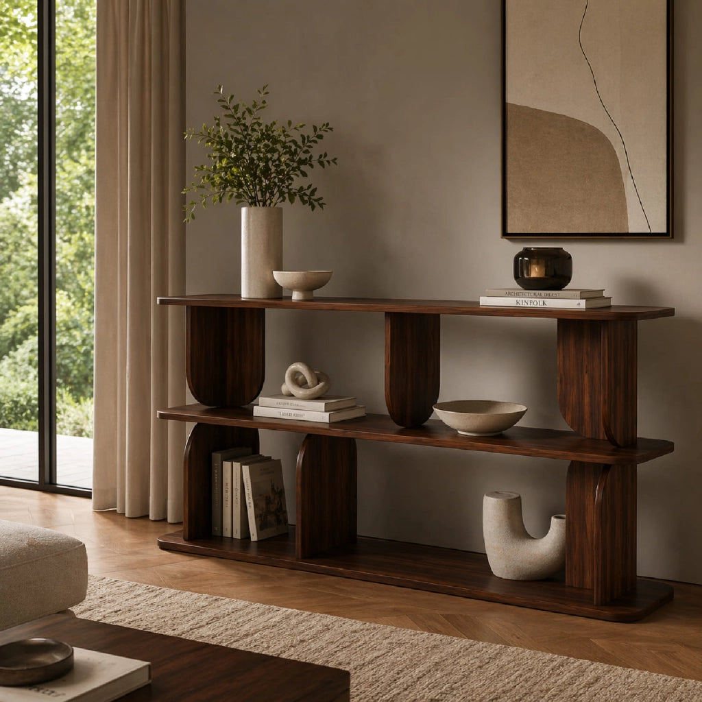 Libreria Per Soggiorno Corridoio Studio Ufficio Con 4 Vani A Giorno E 3 Ripiani Design Moderno Contemporaneo In Melaminico 160 X 74 X 34 Cm Noce
