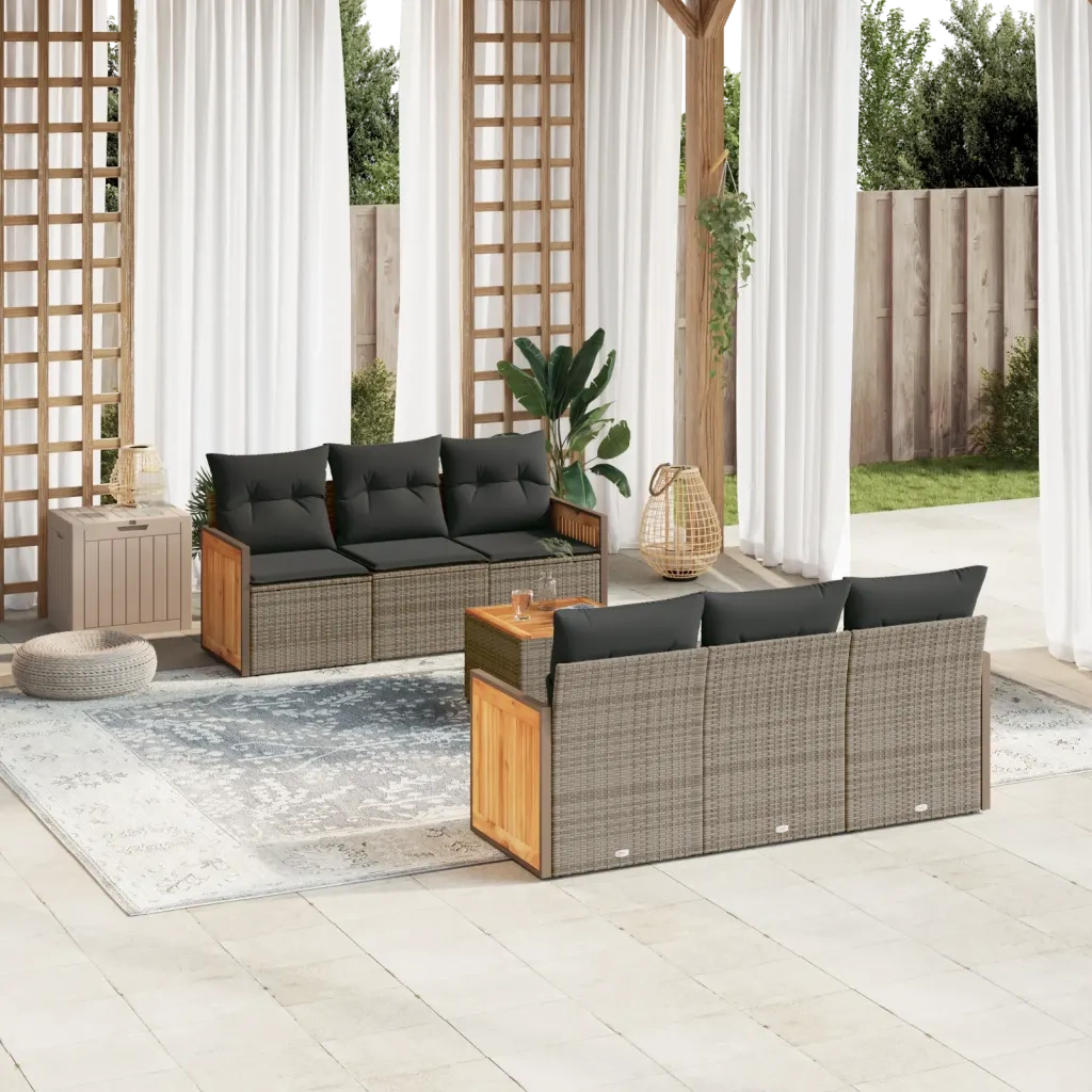 Set Divani da Giardino 7 pz con Cuscini Grigio in Polyrattan 3227474