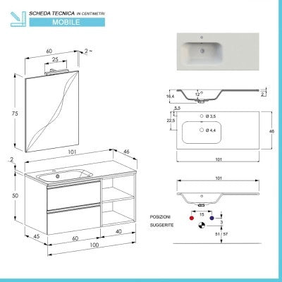 Mobile bagno sospeso 100 cm rovere miele con cassetti e vani a giorno completo di lavabo a sinistra e specchio Master