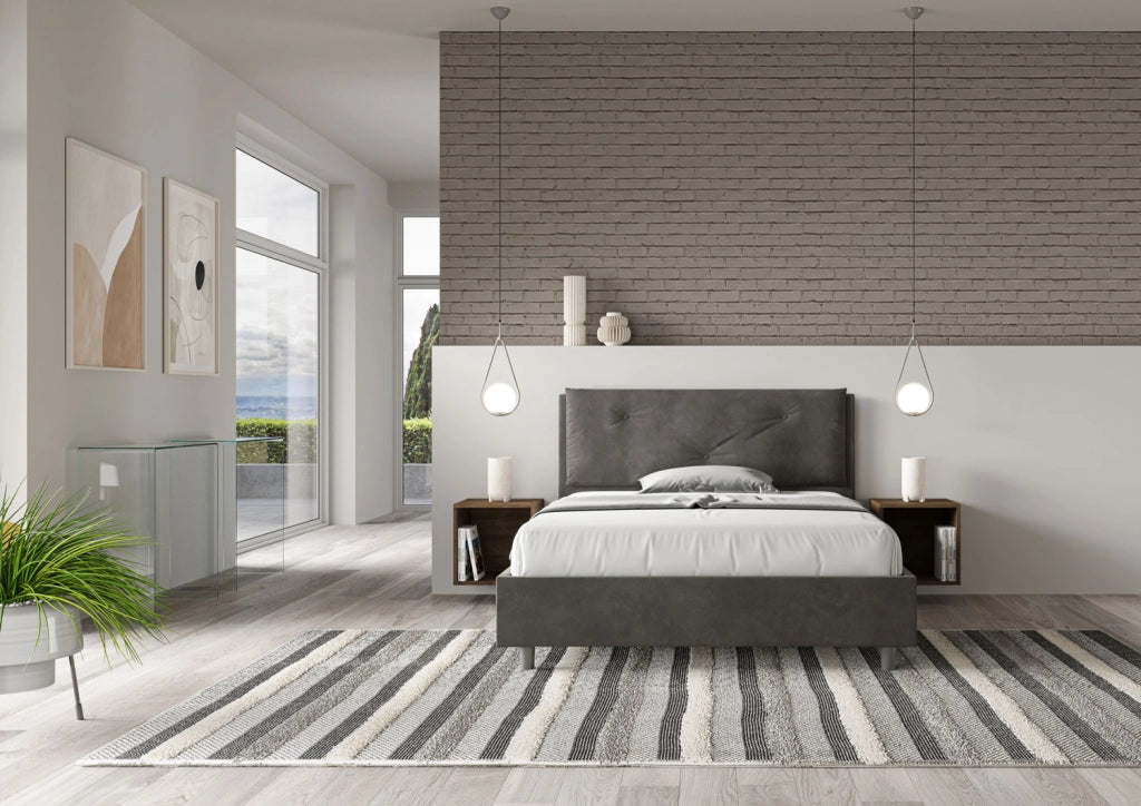 BS COM Letto matrimoniale francese con rete imbottito 140x190 microfibra grigio Large