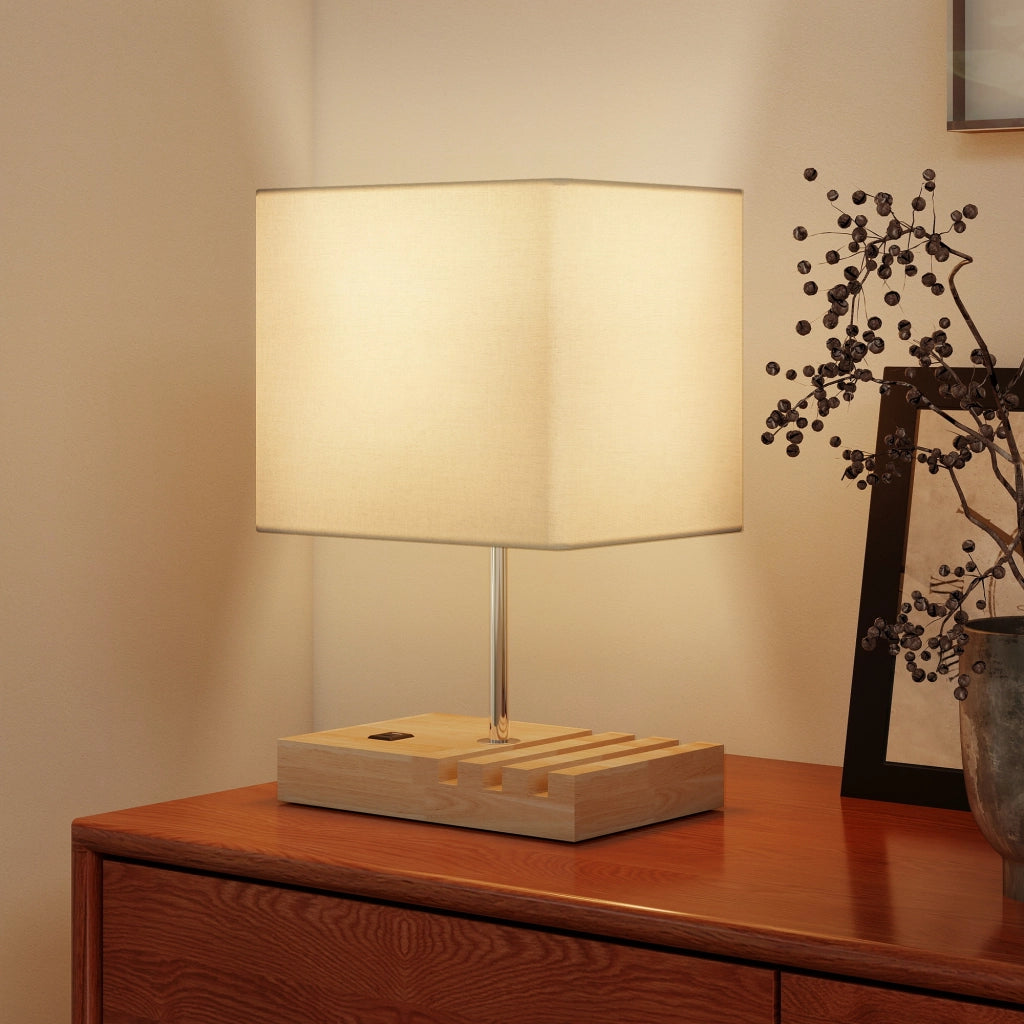 Comodino con Luci LED e USB ¨C Zephmum ¨C Bianco Legno Tessuto 40x40x50