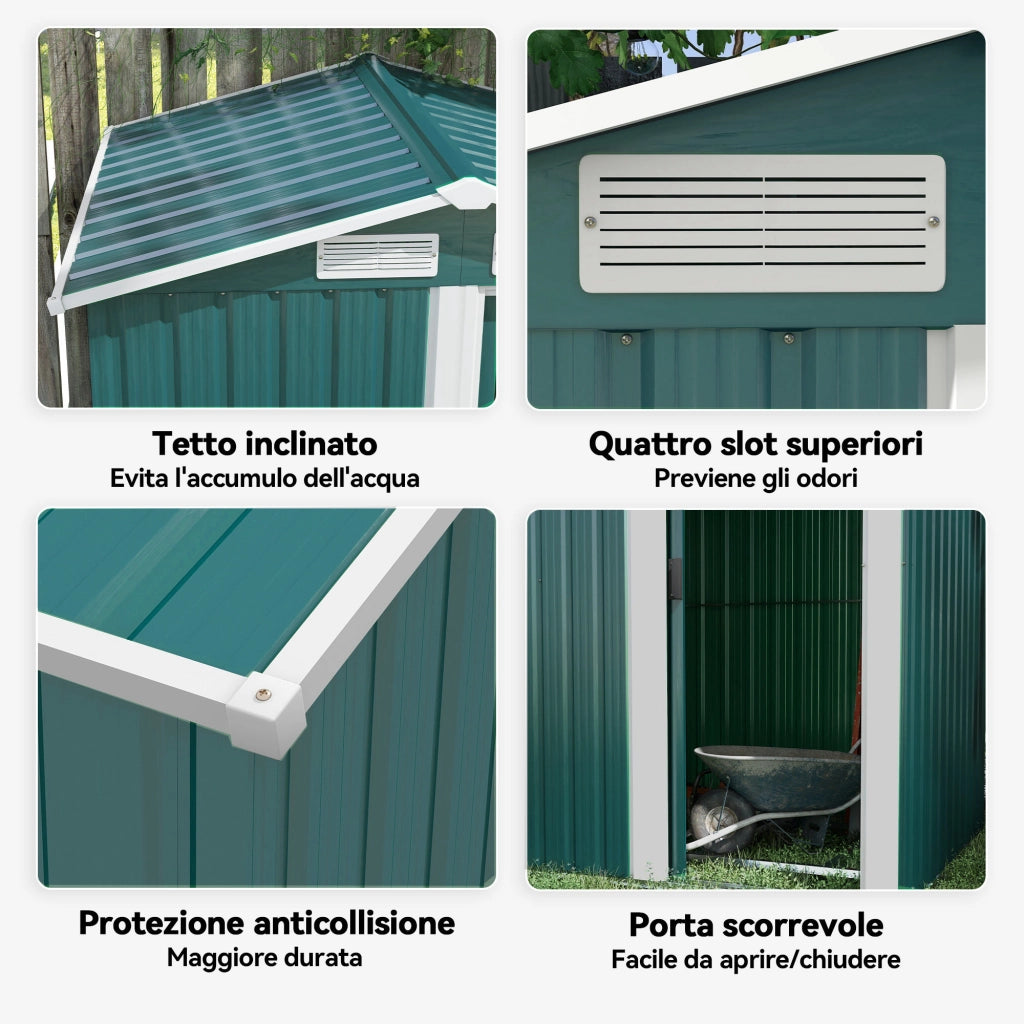 Casetta Box Da Giardino 152x132x188 cm con Tetto Inclinato e 4 Prese d'Aria in Acciaio Verde