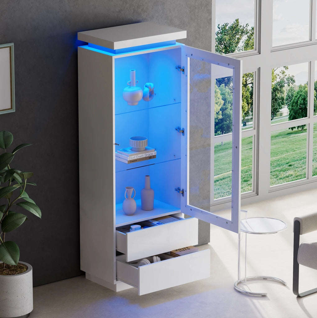 Vetrina alta 60x40x171 cm con 2 cassetti e luce LED; in truciolare bianco