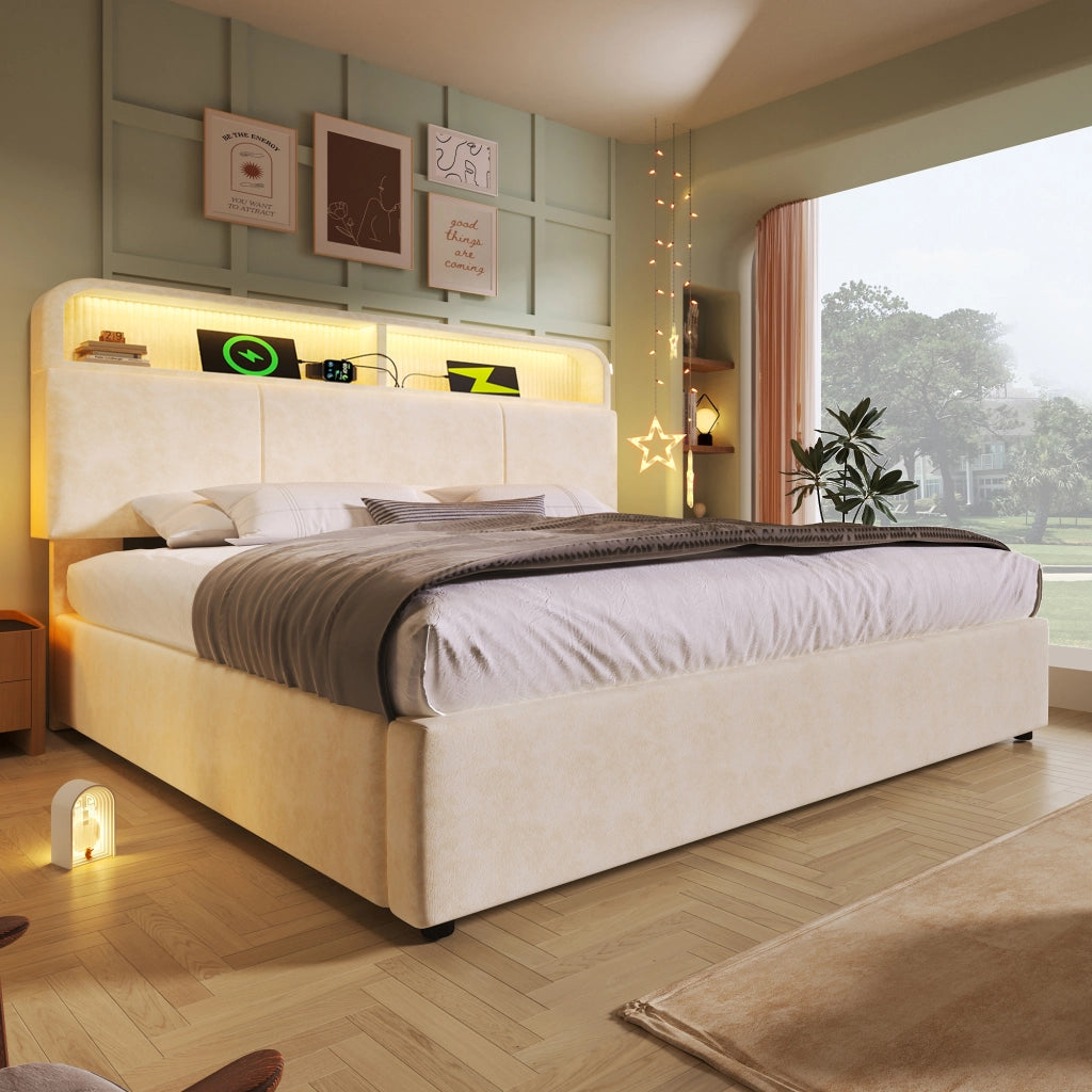 OKWISH Letto Contenitore 160×200 cm, Letto Matrimoniale con Contenitore, USB, Tipo C, LED Regolabile e Testiera Regolabile, senza Materasso, Velluto, Beige