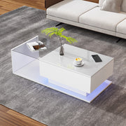 Tavolino da salotto moderno 100x50x32 cm bianco lucido con piano in vetro; cassetto e LED
