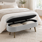 Panca contenitore ovale 110x40x42 cm in tessuto chenille grigio con struttura in legno massello