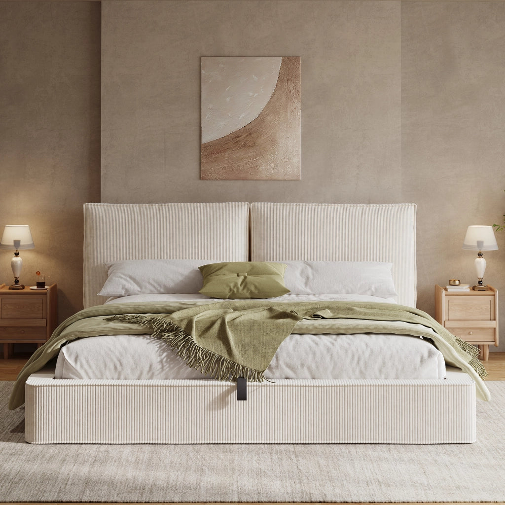 DESMIU Letto contenitore 180 × 200 cm 2 posti con vano idraulico e testiera, senza materasso, in velluto a coste beige