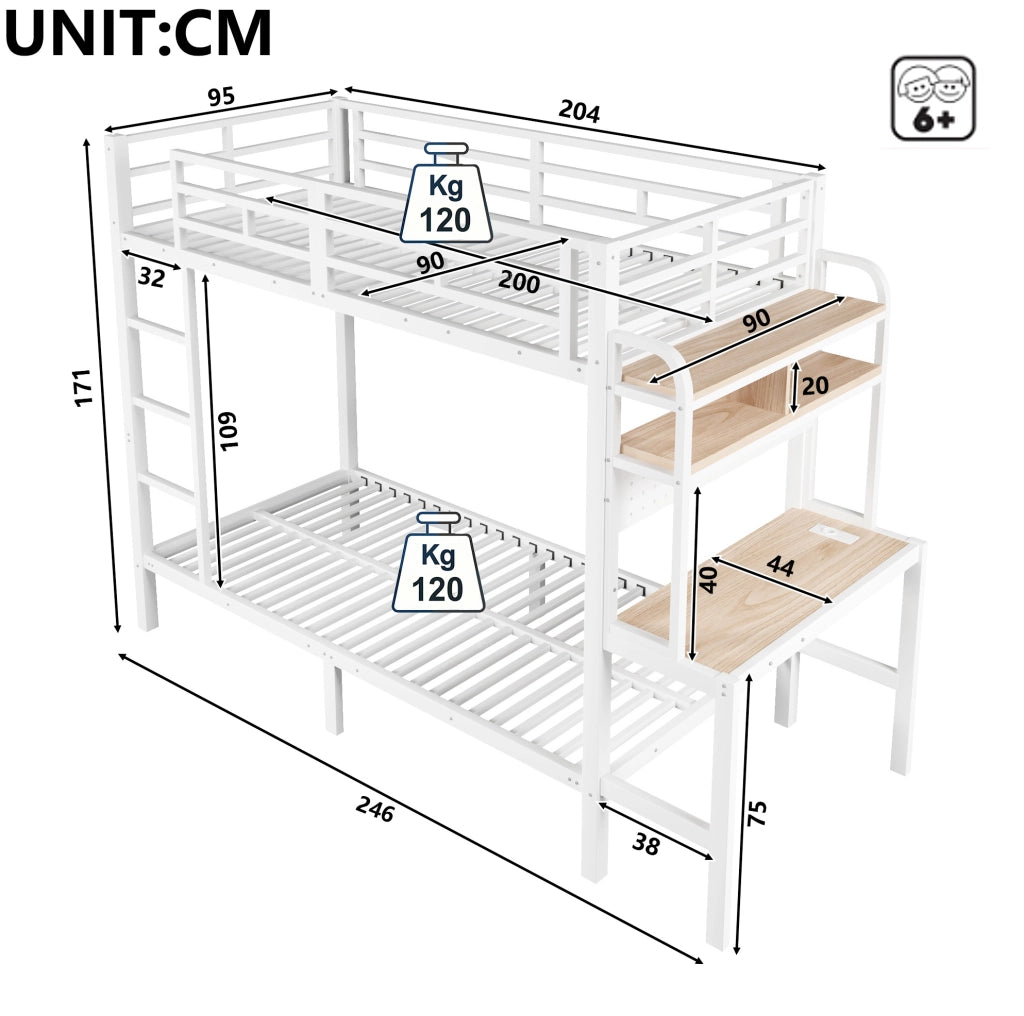 Letto a castello 90x200 cm con scrivania, mensole, LED e USB bianco